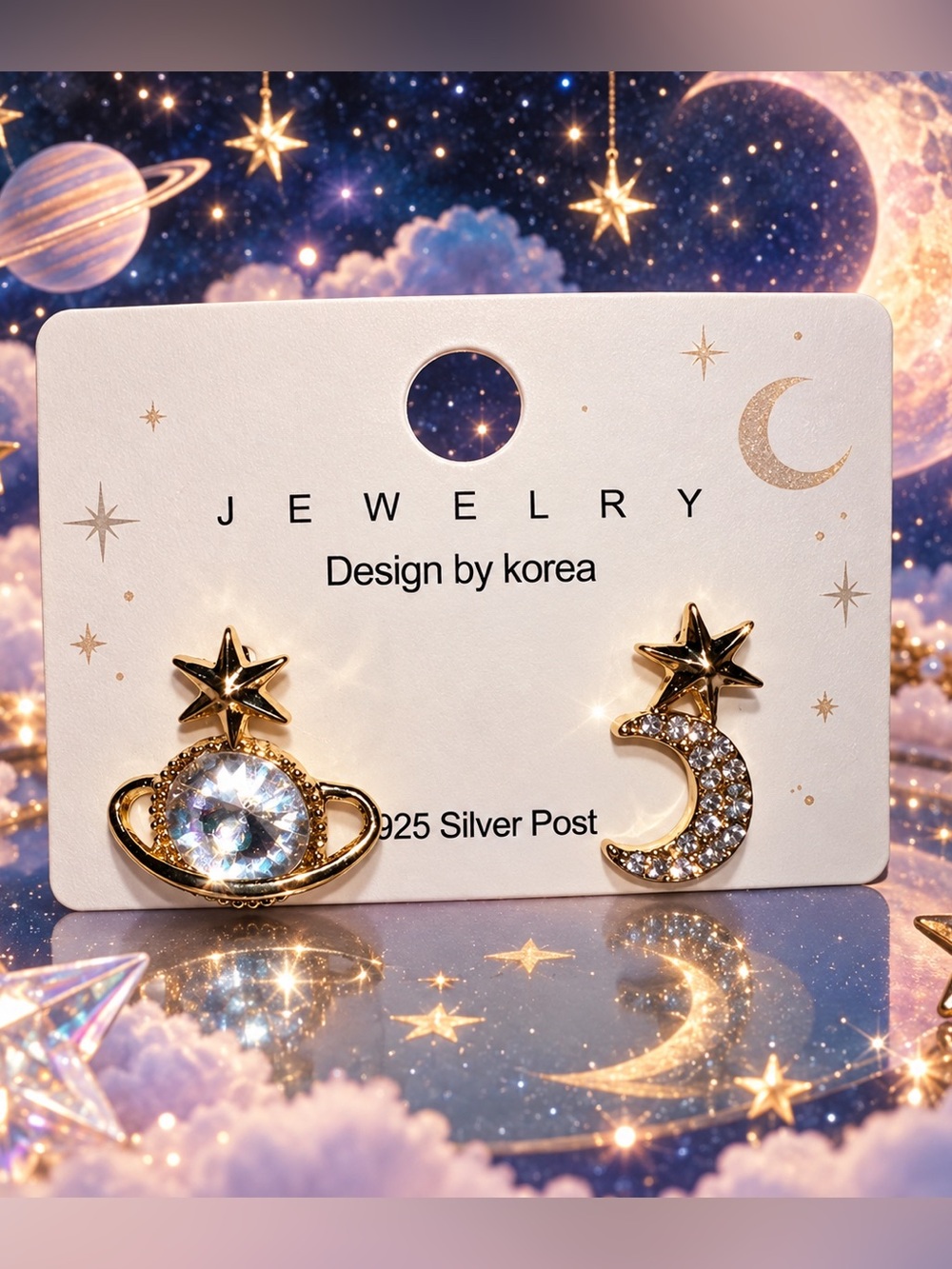 Celestial Mismatched Moon & Saturn 925 Silver Post Earrings